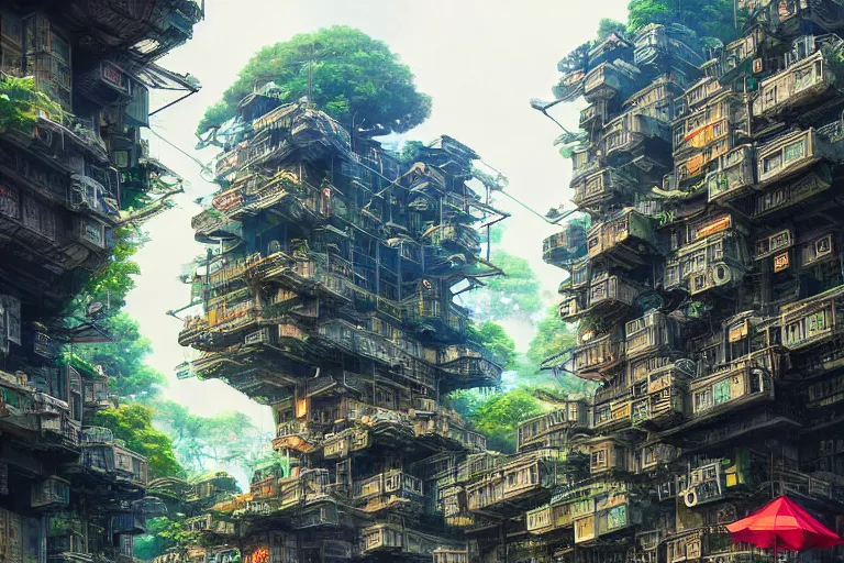 Prompt: solarpunk kowloon walled forest city, still from studio ghibli anime movie, cyberpunk tree house, digital art, artgerm, trending on artstation