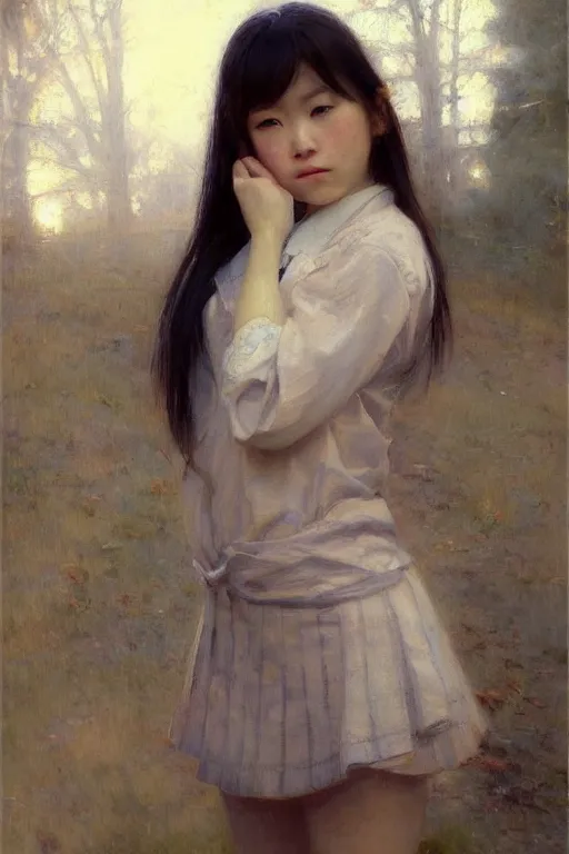 Image similar to japanese schoolgirl by Alyssa Monks, Gaston Bussiere. Bob hairstyle, school uniform, full-shot, urban dystopia, hyper realism, realistic proportions, artstation, concept art, smooth, sharp focus, illustration