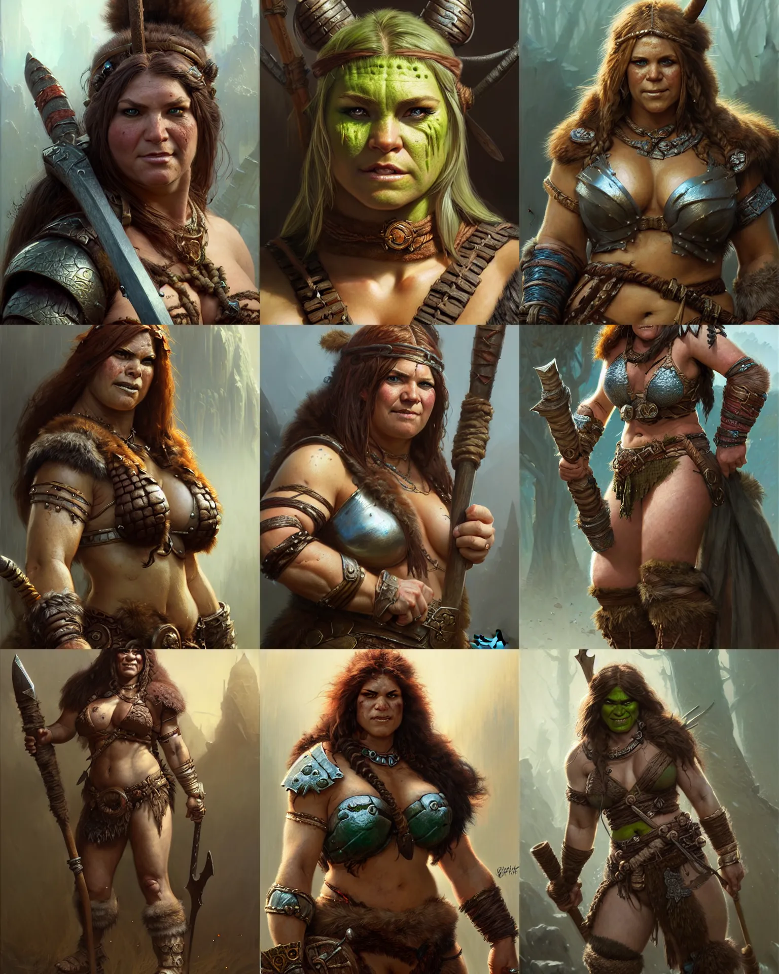 Prompt: female barbarian shrek fantasy character portrait, ultra realistic, concept art, intricate details, highly detailed by greg rutkowski, gaston bussiere, craig mullins, simon bisley