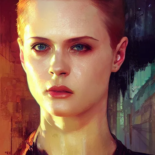 Image similar to evan rachel wood, hyperrealistic portrait, bladerunner street, art of elysium by jeremy mann and alphonse mucha, fantasy art, photo realistic, dynamic lighting, artstation, poster, volumetric lighting, very detailed face, 4 k, award winning