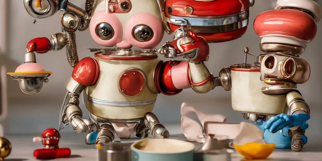 Image similar to closeup portrait of tin toy retro robot chef cooking pastry in a kitchen, depth of field, zeiss lens, detailed, centered, fashion photoshoot, by nicoletta ceccoli, mark ryden, lostfish, breathtaking, 8 k resolution, extremely detailed, beautiful, establishing shot, artistic, hyperrealistic, octane render