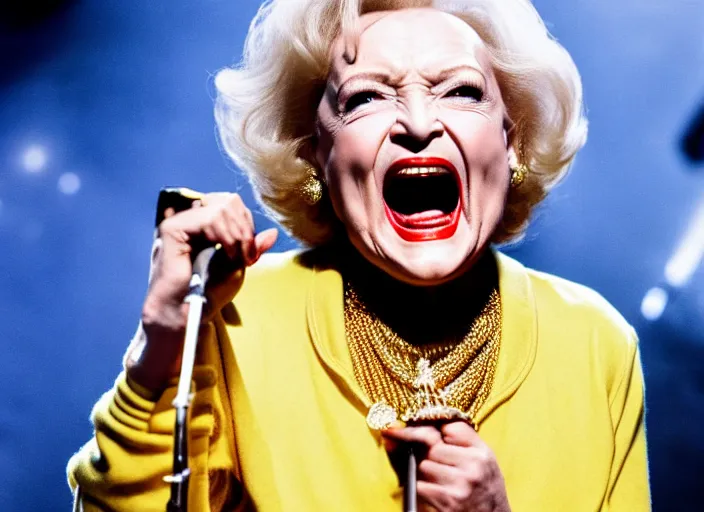 Image similar to publicity photo still of betty white as a gangsta rapper covered in gold chains, with grills in teeth and wearing a jumpsuit live on stage, 8 k, live concert lighting, mid shot