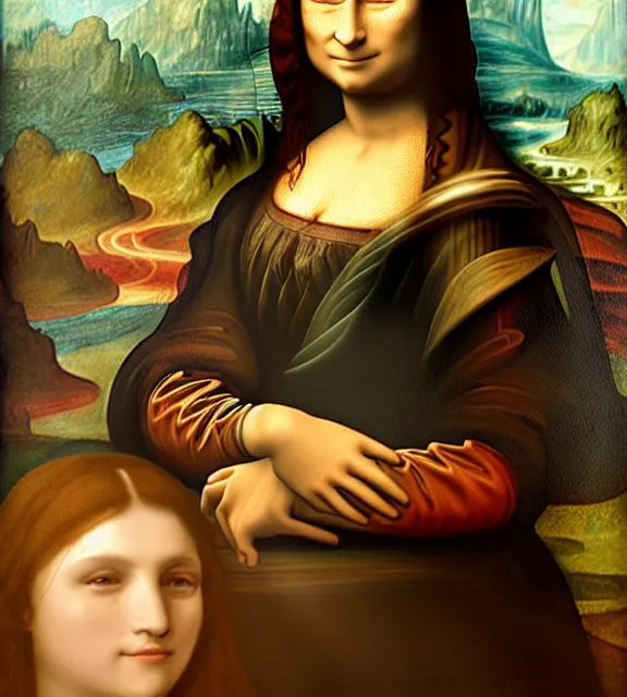 Prompt: the mona lisa, with aloy from horizon zero dawn, by leonardo da vinci, by rembrandt