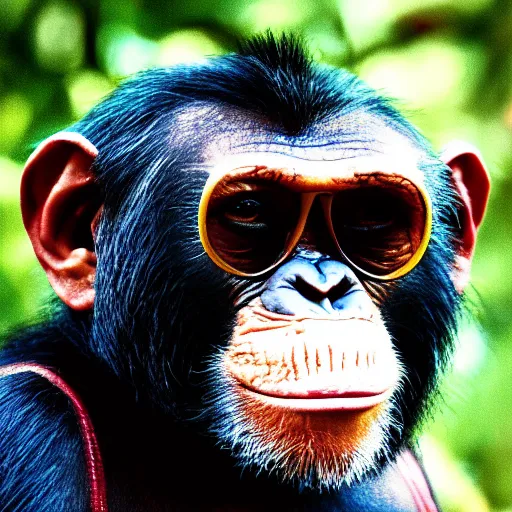 Prompt: high quality 8 k movie still of a smiling and arrogantly wise looking chimpanzee wearing cool round hippie dark sunglasses, highly detailed, cinematic composition, cinematic lighting, 1 9 8 0 s retro hippie vintage hipster art