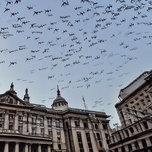 Image similar to a swarm of ufos flying over london