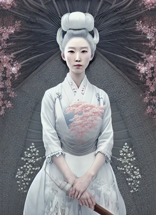 Prompt: portrait of a beautiful japanese princess with white hair dressed as a french maid, elegant, highly detailed, digital painting, an ultrafine detailed illustration by james jean, intricate linework, octane render, by ruan jia and zeen chin and alphonse mucha, unreal engine 5 highly rendered, ethereal, ominous, detailed and intricate environment