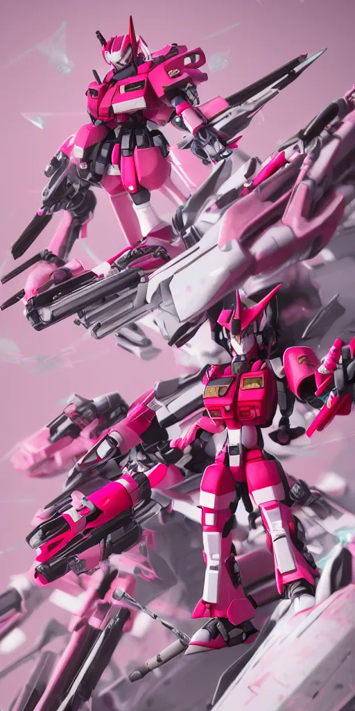 Prompt: isometric of female gundams in pink and red collection ， 3 d octane render ， provenance ， detailed,