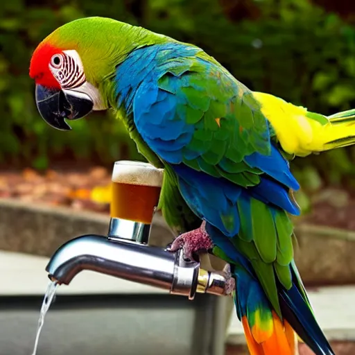 Prompt: a parrot drinking a beer from a garden hose,