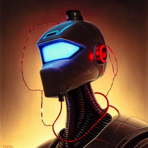 Image similar to low angle shot of a cyberpunk gazmask robot character with red wires behind from top, intricate, elegant, highly detailed, centered, digital painting, artstation, concept art, smooth, sharp focus, illustration, artgerm, Tomasz Alen Kopera, Peter Mohrbacher, donato giancola, Joseph Christian Leyendecker, WLOP, Boris Vallejo