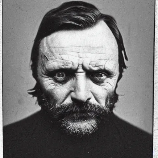 Prompt: headshot edwardian photograph of anthony hopkins, mads mikkelsen, bryan cranston, terrifying, scariest looking man alive, 1 8 9 0 s, london gang member, intimidating, tough, realistic face, peaky blinders, 1 9 0 0 s photography, 1 9 0 0 s, grainy, slightly blurry, victorian