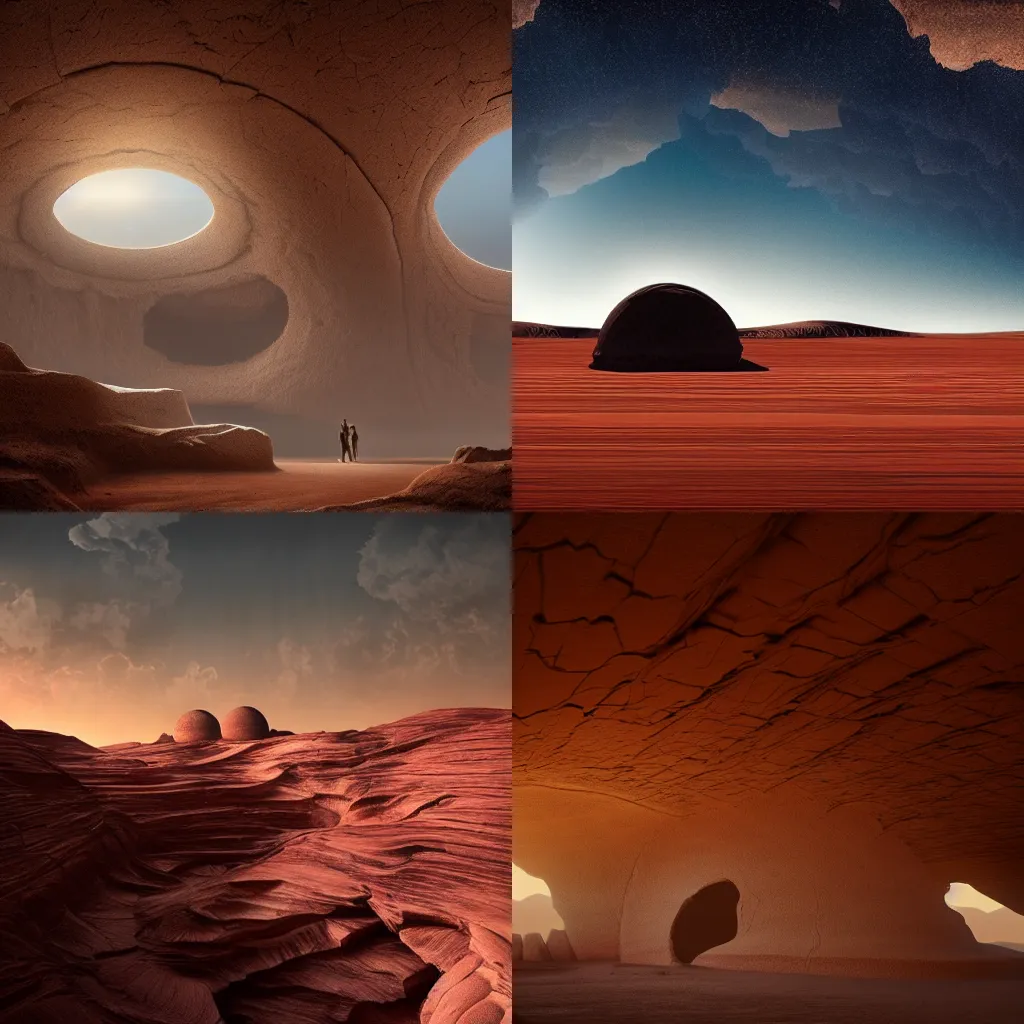 Prompt: inside a gigantic clay dome a majestic silhouette takes shape by carved out cracks in the ceiling, it is a place of worship, desert environment, cinematic composition, cinematic lighting, harmonious colors, trending on artstation and cgsociety