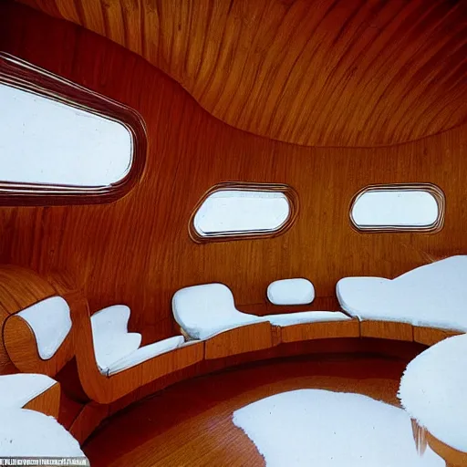 Image similar to the interior of a 1 9 7 0 s space ship carved out of wood, designed by eero saarinen, trees and snow visible through the windows