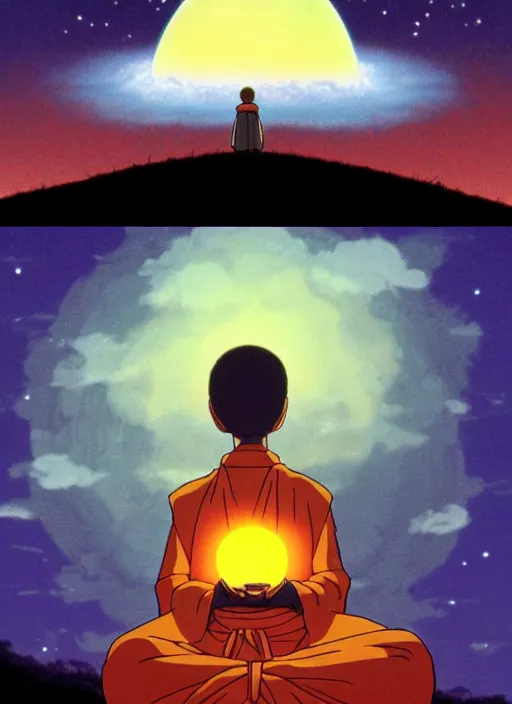 Image similar to a realistic cell - shaded studio ghibli concept art from paprika ( 2 0 0 6 ) of a floating cube from close encounters of the third kind ( 1 9 7 7 ) and a monk meditating on a misty starry night. very dull colors, hd, 4 k, hq