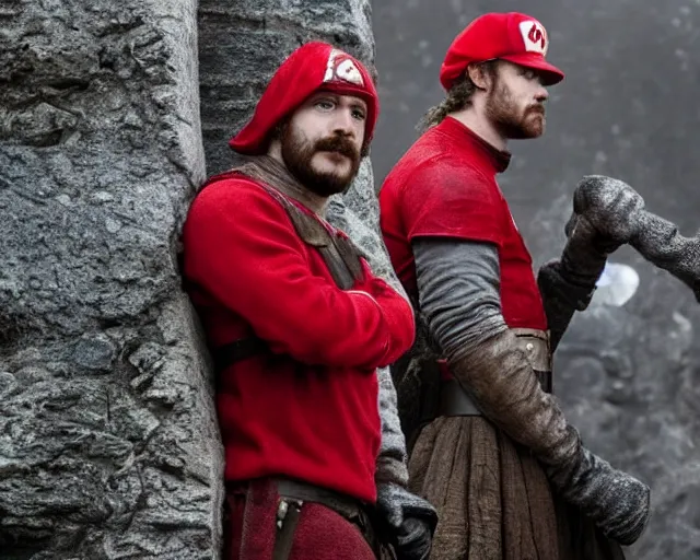 Image similar to promotional image of real life super mario in game of thrones, realistic, red cap, red clothes, detailed face, movie still frame, promotional image, imax 70 mm footage