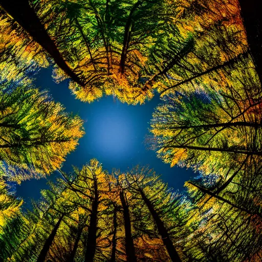 Image similar to looking up at the tops of trees in a forest, an ultrafine detailed painting by ( ( ( jon coffelt ) ) ), shutterstock contest winner, generative art, multiple exposure, fisheye lens, high dynamic range