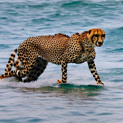 Prompt: a cheetah emerging from the ocean,