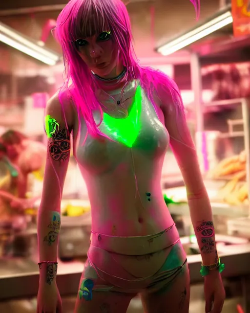 Image similar to portrait of a neon raver girl in a butchery, confused expression, cgsociety, detailed, unreal engine, textured, cinematic, character design