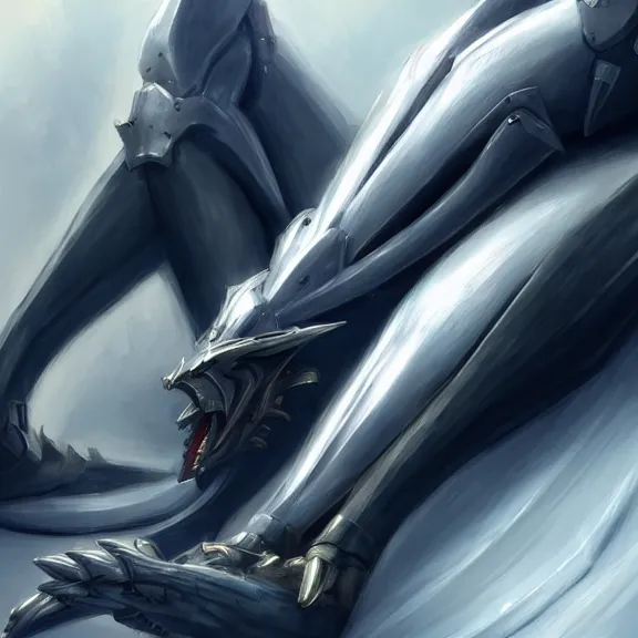 Image similar to very close up foot pov shot, detailed foot shot, feet art pov, hyperdetailed elegant beautiful stunning hot anthropomorphic mecha female dragon giantess laying down showing detailed sharp dragon feet to camera, furry paw pov art, anthro paw art, sharp silver armor, elegant legs, warframe destiny fanart, giantess art, dragon paws, furaffinity, octane