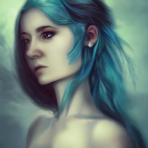 Prompt: portrait of young girl half dragon half human, dragon girl, dragon skin, dragon eyes, dragon crown, blue hair, long hair, highly detailed, cinematic lighting, chiaroscuro lighting, Matte painting by David Lynch