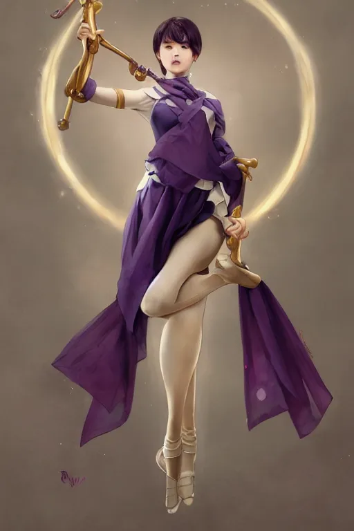 Prompt: Full View of Eunha from Viviz and gFriend with short hair wearing a purple military uniform and short puffy pants, white leggings, Golden Ribbon, and a billowy scarf. Rhythmic gymnastics poses, goddess. masterpiece 4k digital illustration by Ruan Jia and Mandy Jurgens and Artgerm and greg rutkowski, award winning, Artstation, art nouveau aesthetic, Alphonse Mucha background, intricate details, realistic, panoramic view, Hyperdetailed, 8k resolution, intricate art nouveau