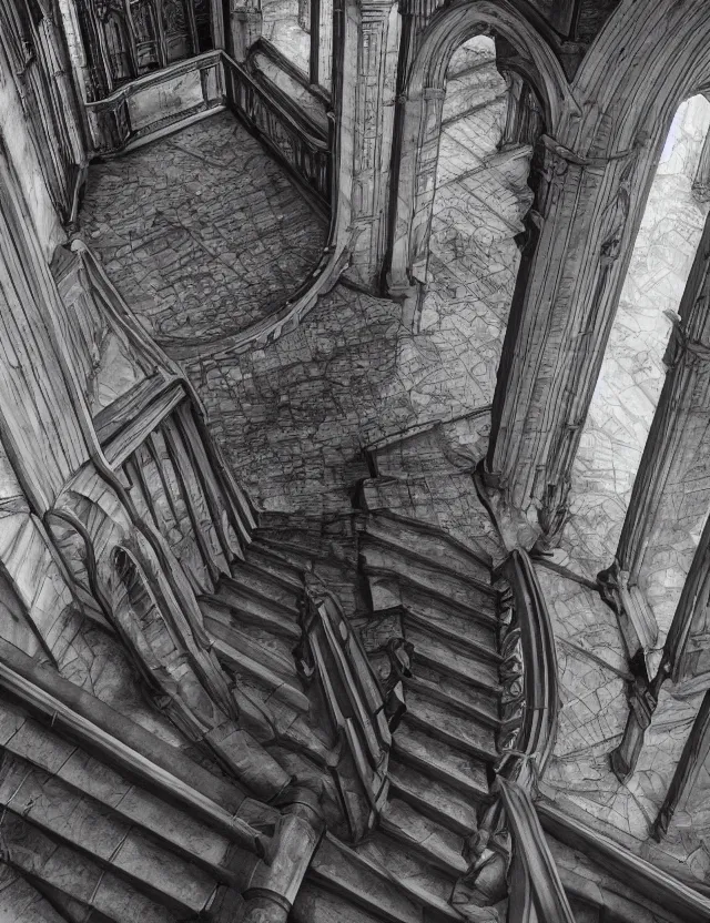 Prompt: looking down a staircase in the style of gothic brutalist architecture hyper detailed photorealistic hd 8 k post - processing high resolution