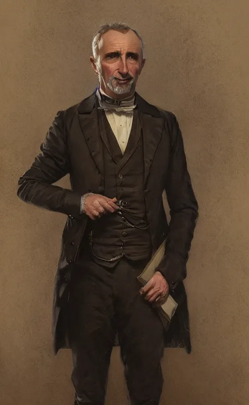 Prompt: portrait of nigel hawthorne as a middle aged victorian gentleman, suit and waistcoat, male, detailed face, victorian, highly detailed, cinematic lighting, digital art painting by greg rutkowski