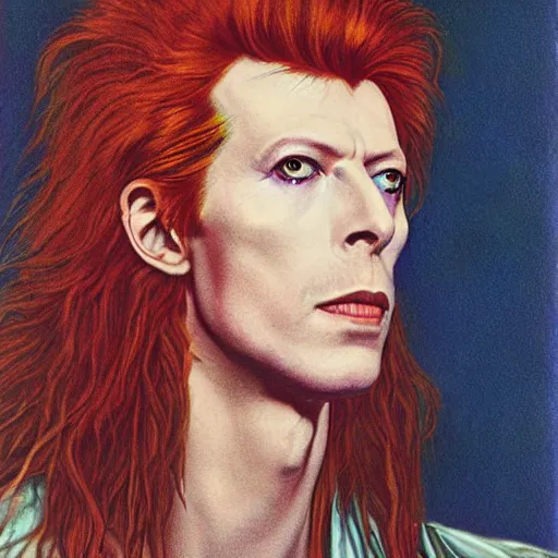 Prompt: Pre-Raphaelite portrait of 1970s David Bowie, ziggy stardust playing flying V guitar, single lighning strike in background. Flash Gorden