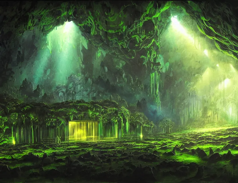 Prompt: futuristic nightclub in a mossy dripstone cave. oil painting by award - winning concept artist. backlighting, chiaroscuro, field of depth.