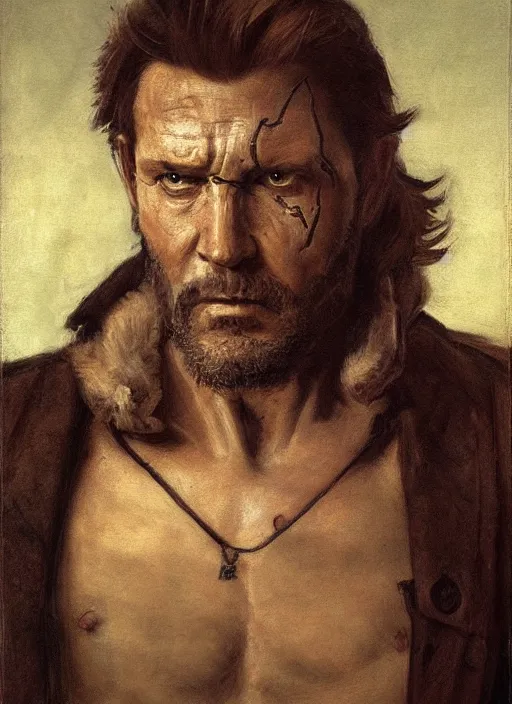 Prompt: punished snake big boss by michelangelo, oil painting, portrait, renaissance, masterpiece, tragic, beautiful, scan, google art project