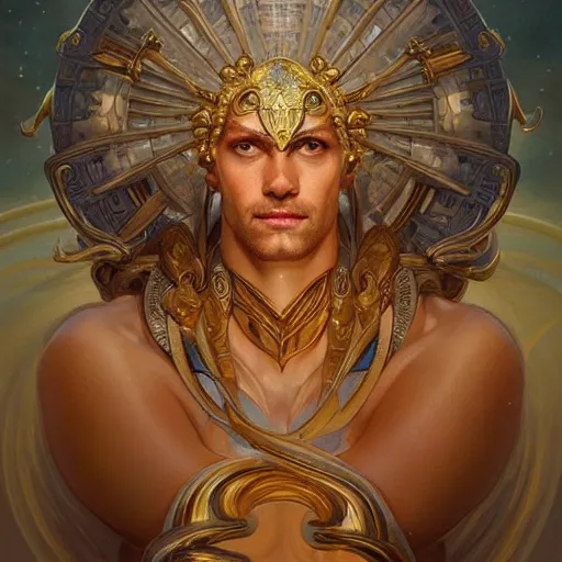 Prompt: portrait Poseidon god of sea, sci-fi, fantasy, intricate, very very beautiful, elegant, highly detailed, digital painting, artstation, concept art, smooth, sharp focus, illustration, art by artgerm and greg rutkowski and alphonse mucha