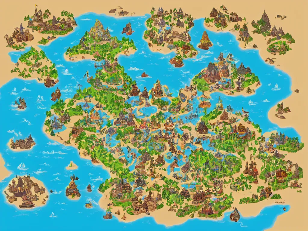 Image similar to an isometric disney fantasy map of a continent bordered by ocean