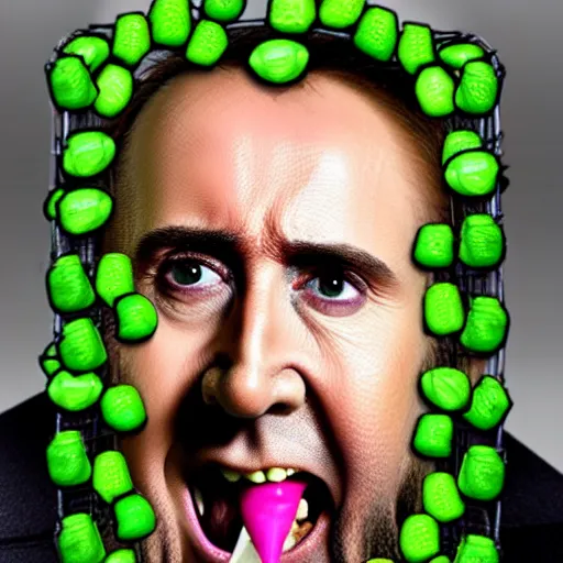 Image similar to nicolas cage trapped in a wicker cage with a mouth full of peas