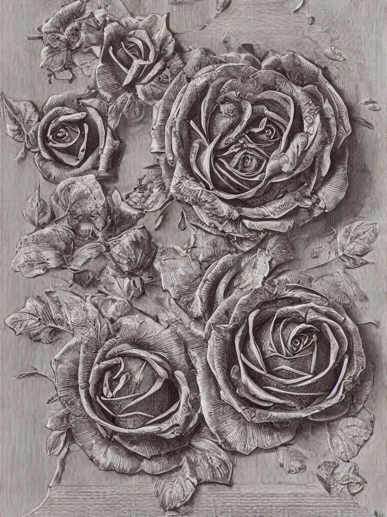 Prompt: beautiful decorative classical ornamental emblem, fibonacci rhythms, roses, rose petals, leaves, stems, highly detailed etching, rendered in octane