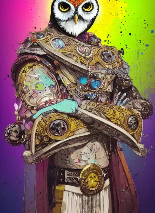 Prompt: arrogant ancient portrait of white owl with only one eye dressed with a leather armor, pixiv fanbox, dramatic lighting, maximalist pastel color palette, splatter paint, pixar and disney exploded - view drawing, graphic novel by fiona staples and dustin nguyen, peter elson, alan bean, wangechi mutu, clean cel shaded vector art, trending on artstation