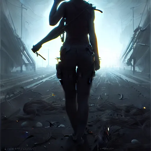 Image similar to only the dead have seen the end of war, artwork by artgerm, danger lurking in the night, fear of death, rendered in pov - ray, style of greg rutkowski and jackson pollock
