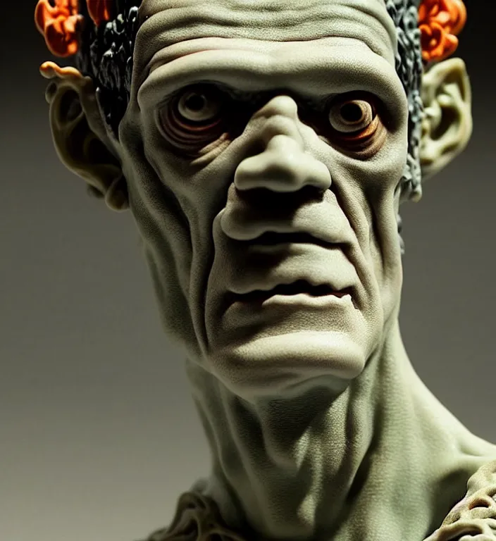 Image similar to Frankenstein , A Close up photo-real delicate ceramic porcelain sculpture of a symmetrical ornate detailed in front of an intricate background by Victo Ngai and takato yamamoto, micro detail, backlit lighting, face in focus, subsurface scattering, translucent, thin porcelain, octane renderer, colorful, physically based rendering, japanese pottery, trending on cgsociety