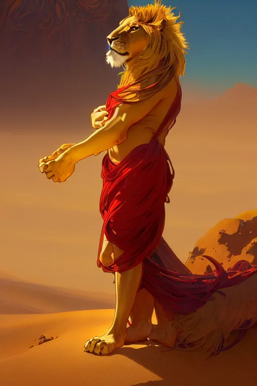 Prompt: full figure beautiful young fit antrophomorphic lion, dressed with multicolored fluent clothes, luminous scene, by greg rutkowski and alphonse mucha, d & d character, gradient red to gold, in front of a dune desert background, highly detailed portrait, digital painting, artstation, concept art, smooth, sharp focus illustration, artstation hq