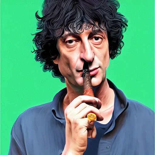 Image similar to Neil Gaiman smoking a cuban cigar, digital portrait