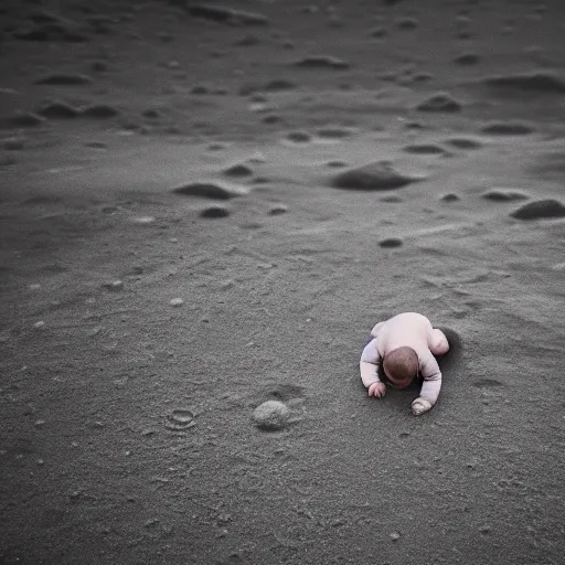 Image similar to an infant child crawling on the surface of the moon, 🌕, baby, human, crawl, canon eos r 3, f / 1. 4, iso 2 0 0, 1 / 1 6 0 s, 8 k, raw, unedited, symmetrical balance, wide angle