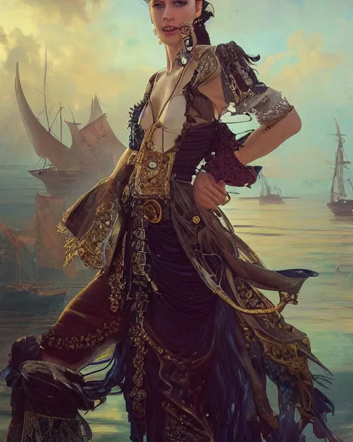 Image similar to a beautiful close up portrait of a pirate sitting with elegant looks, leather clothing, ornate costume and flowing magic all around, intricate and soft by ruan jia, tom bagshaw, alphonse mucha, krenz cushart, beautiful pirate ruins in the background, epic sky, vray render, artstation, deviantart, pinterest, 5 0 0 px models