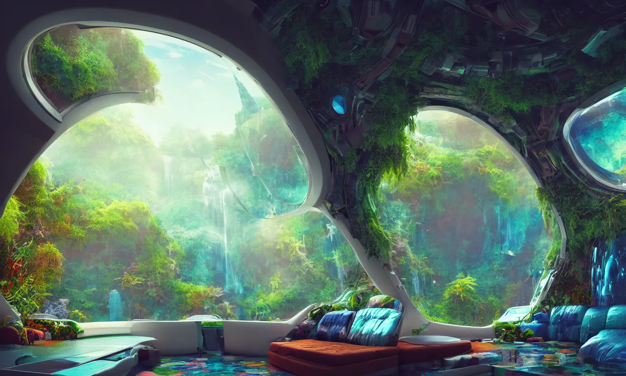 Prompt: cozy space inside of a spaceship for humans, massive windows to space, colorful details everywhere, natural, plants, water features, waterfalls, 4 k, transcendent, trending on artstation, photorealistic, award winning, hyper detailed, rule of thirds, dramatic, volumetric lighting, octane render