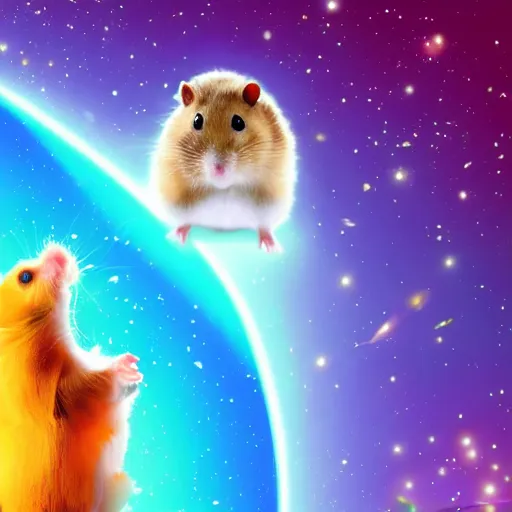 Image similar to hamster skating through space, colorful, realistic