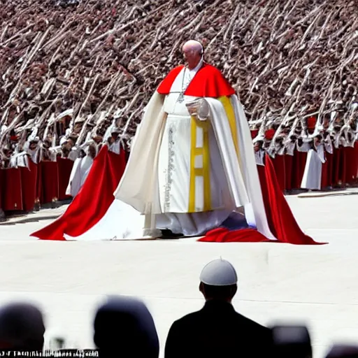 Image similar to pope francis riding giant white mech with the papal flag painted on it, leading the swiss guard in an invasion of eastern europe