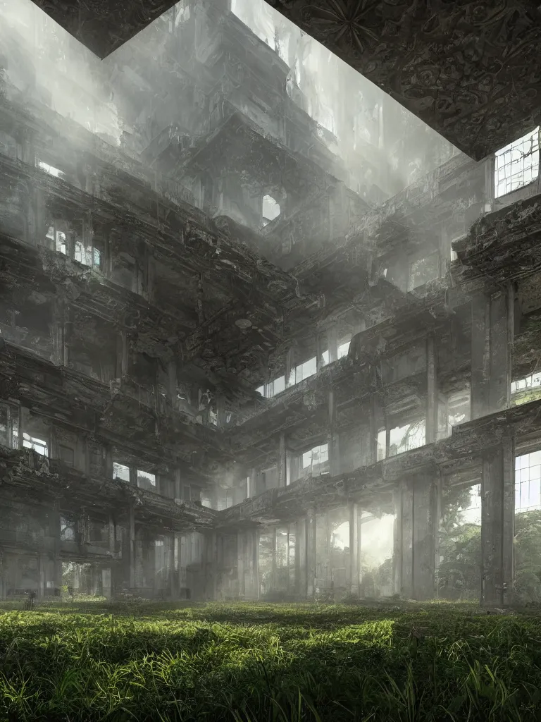 Image similar to a high magnificent abandoned building, surrounded by lush green vegetation, stunning volumetric lighting, sunset, solid concrete, stunning skies, trending on Artstation, 8k, photorealistic, hyper detailed, unreal engine 5, IMAX quality, cinematic, epic lighting, in the style of DOOM and Quake and Le Corbusier and Greg Rutkowski