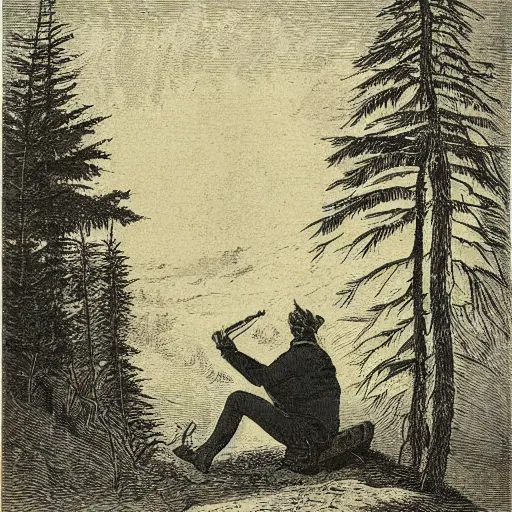 Prompt: hunter alone in the wilderness, staring forlornly at fire at midnight, deep dark boreal forest, 19th century