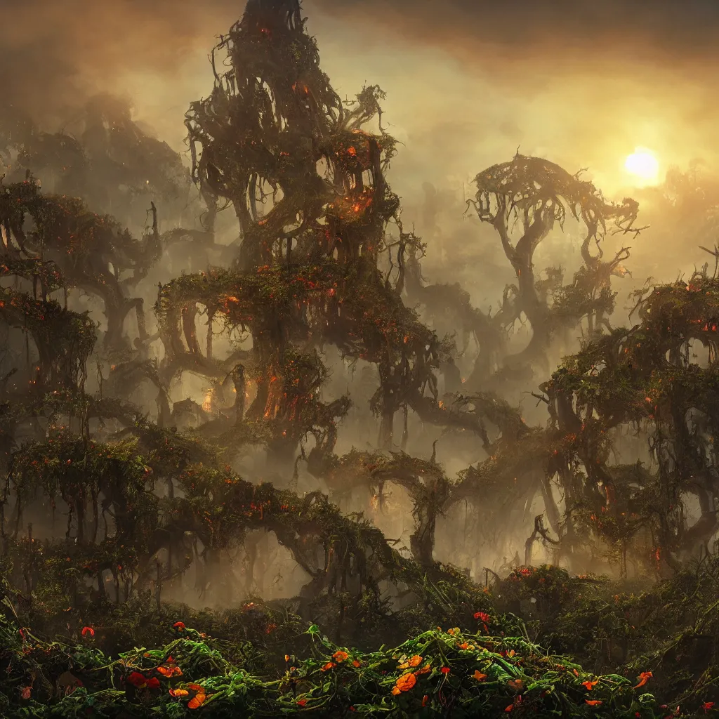 Image similar to An incredibly beautiful but ominous matte painting depicting a profusion of evil carnivorous vines and colorful flowers and lush exotic trees and bloated toadstools, with horrifying huge burning eyes and jagged bloody teeth, overgrowing a desolate ruins submerged in fog beneath the setting sun, nvidia, vray, evening, epic scale, octanerender