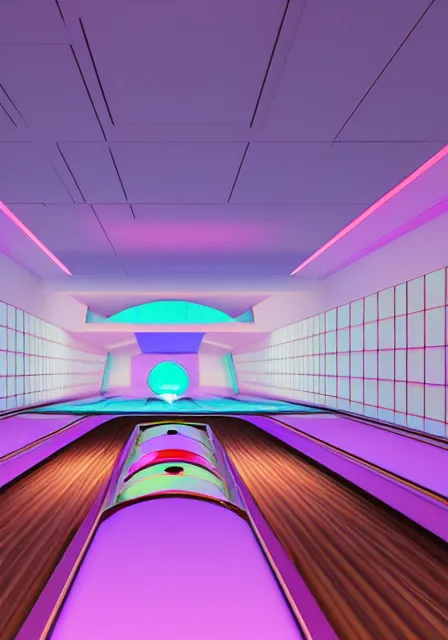 Prompt: pastel iridescent aesthetic 3d bowling alley at night, cinema 4d, digital art, octane renter, hd, 8k, hyperrealistic, highly detailed, trending on behance, in the style of blake kathyrn and James Turrell