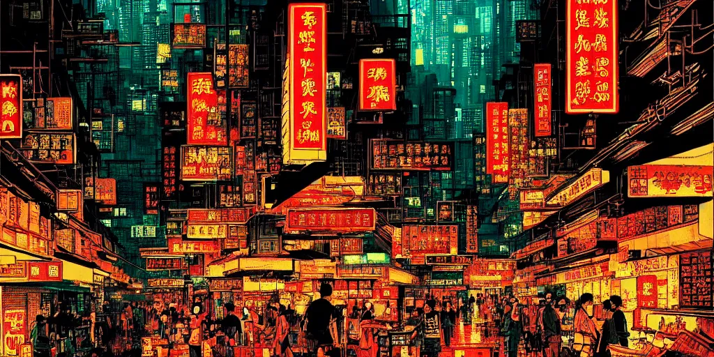 Image similar to artwork of wong kar - wai's hong kong street, by dan mumford and toshi yoshida and peter doig, vintage scifi, highly detailed, dramatic lighting, 8 k