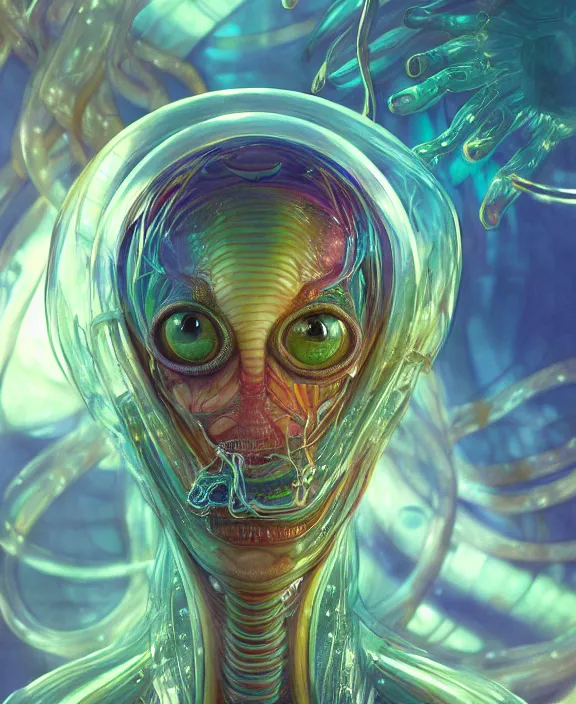 Image similar to intricate colorful transparent portrait of a disturbing beautiful alien snake creature, mottling coloring, adorable, childlike, medical equipment hospital environment, ultra realistic, concept art, art nouveau, photorealistic, octane render, 8 k, unreal engine. art by christopher marley and artgerm and greg rutkowski and alphonse mucha