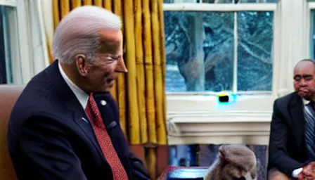 Prompt: sasquatch visits joe biden at the oval office, photorealistic, ultra hd, 4 k, award winning, patriotic